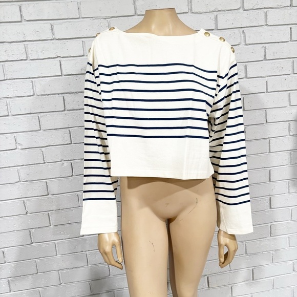 J.Crew Cropped Boatneck T-shirt with Buttons in Mariner Cotton - Size Large - Picture 1 of 14